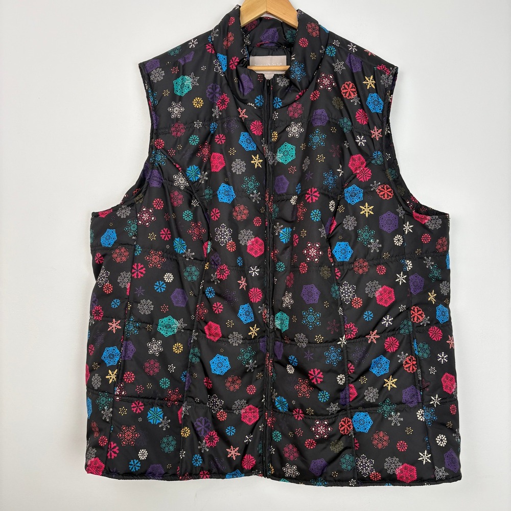 Woman Within Quilted Vest Black Snowflake Print‎ Puffer Sleeveless Pockets Sz 3X
